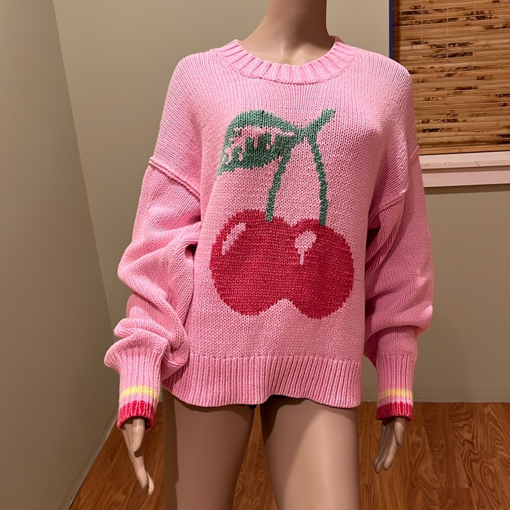 Wildfox Sweater Pink With Red Cherries Green Leaves And Stripes On Sleeves L